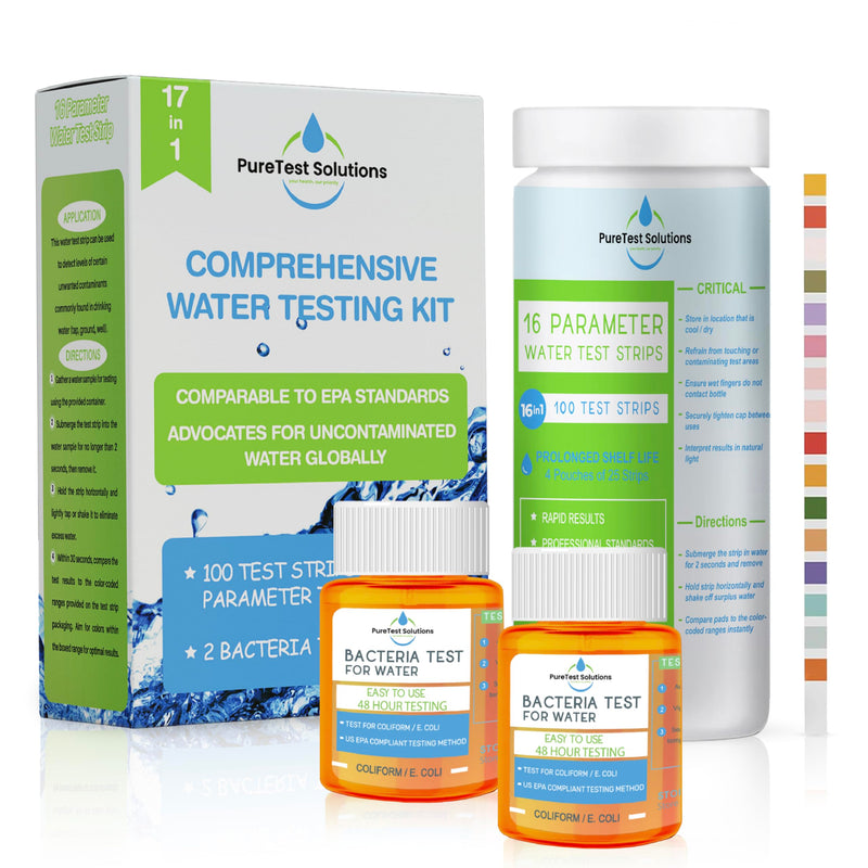 [Australia - AusPower] - 17 in 1 Complete Drinking Water Test Kit (100 Strips & 2 Bacteria Testers) Assesses for Lead, Alkalinity, Chlorine, Hardness, Iron, Fluoride, Copper, and More 