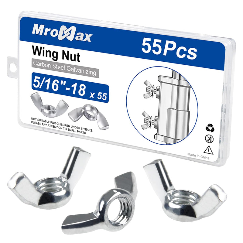 [Australia - AusPower] - MroMax 55Pcs 5/16"-18 Wing Nuts Carbon Steel Butterfly Nuts Zinc Plated Fasteners Parts Hand Twist Tighten Ear Wingnuts 5/16-18 Inches Hardware Nuts 5/16-18 55Pcs 