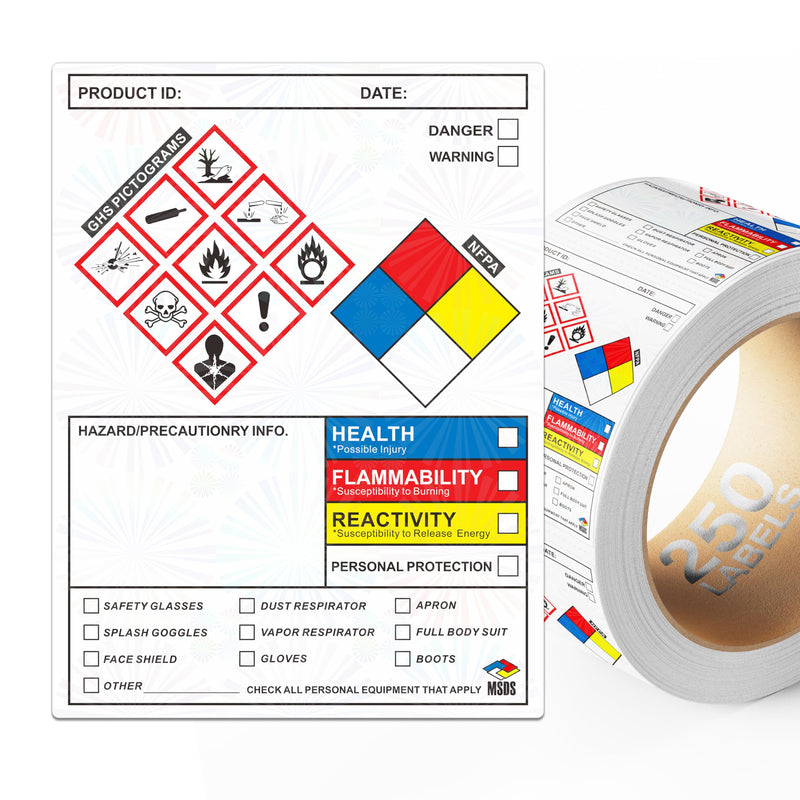 SDS Label Stickers 4 x 3 Inches, Roll of 250 MSDS OSHA Data Stickers with GHS Pictograms & Perforated Edges for Easy Separating | HMIS & Hazard Compliant | Secondary Containers for Chemical Safety SDS/MSDS Stickers
