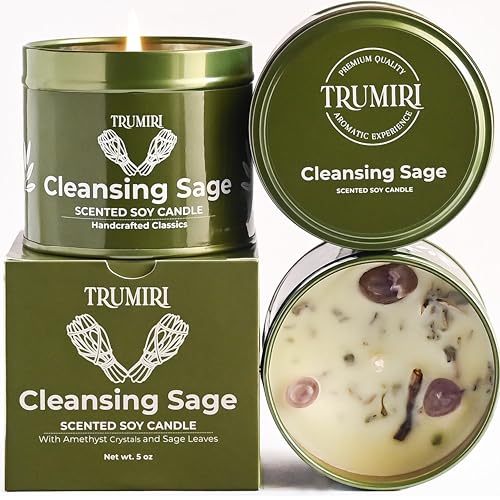 Sage Candle for Cleansing House Negative Energy Smudge Kit - 5oz Soy Wax Natural Clean Organic Non Toxic - Aromatherapy Spiritual Meditation Gifts - Long Lasting Highly Scented Candel with Crystals Cleansing Sage