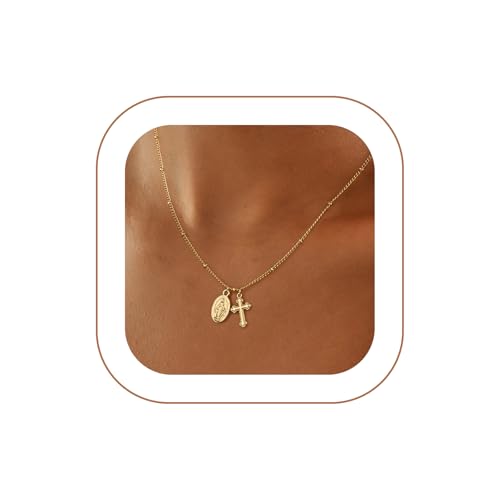 Rotnso Cross Necklace for Women 14K Gold Plated Dainty Small Pendant Choker Virgin Mary Cross-GD