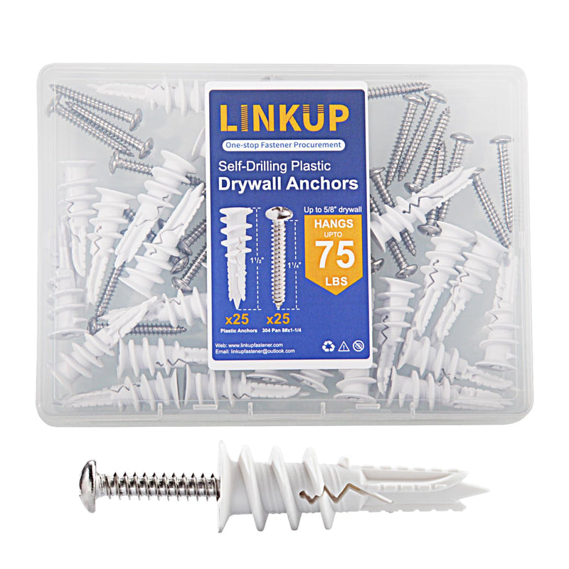 [Australia - AusPower] - Linkup 50PCs Self Drilling Drywall Anchors with screws kits,incoulding 25pcs #8 x 1-1/4pan head stainless steel self tapping screws and 25pcs anchors for drywall,holds upto 75lbs 50 
