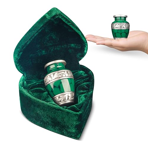 Small Keepsake Cremation Urn for Human Ashes Men Women with Velvet Heart Case, Bag & Funnel – Green Mini Family Sharing Funeral Tiny Urn Male Female or Pet - Memorial Decorative Urn for Mom Dad