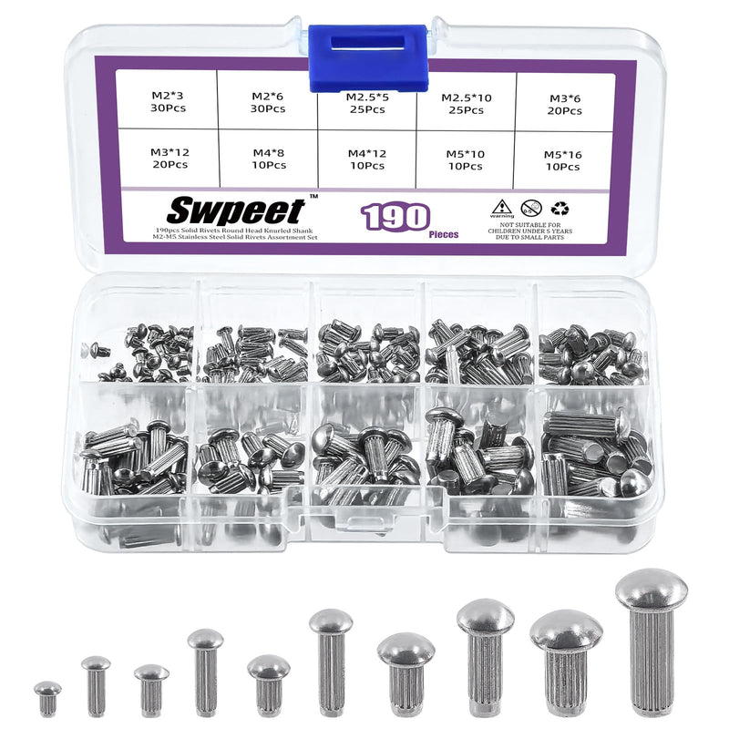 [Australia - AusPower] - Swpeet 190Pcs M2 M2.5 M3 M4 M5 Solid 304 Stainless Steel Brazier Head Rivets Assortment Kit, Half Round Head Solid Knurled Rivets, Aluminum Rivet Solid Rivets for Repairing Boat, Aircraft Stainless Steel 304 