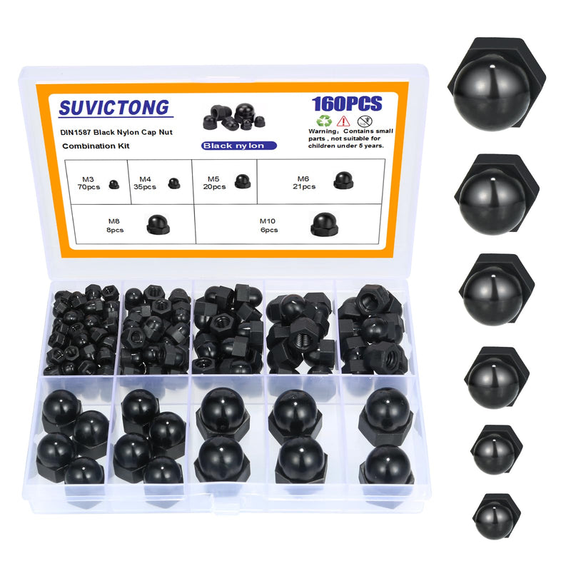 [Australia - AusPower] - 160pcs Acorn Cap Nuts,Metric Black Nylon Acorn Nuts Assortment Kit,Black Nylon Dome Acorn Bolt Cup Nuts Set for Protecting Hexagon Shaped Screws Bolts M3 M4 M5 M6 M8 M10 