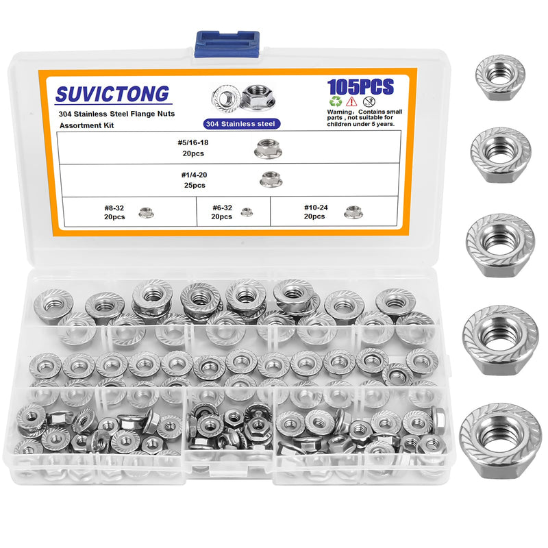 [Australia - AusPower] - 105pcs Serrated Flange Hex Lock Nuts Assortment Kit 304 Stainless Steel 5 Sizes Hexagon Flange Nuts (#6-32#8-32#10-24 1/4"-20 5/16"-18) by SUVICTONG 