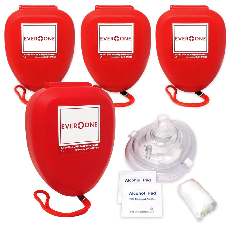 [Australia - AusPower] - CPR Rescue Mask, Adult/Child Pocket Resuscitator, Hard Case with Wrist Strap + Gloves & Wipes - 4 Pack 4 Count 