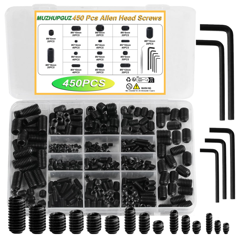 [Australia - AusPower] - 450 Pcs Set Screw Assortment Kit, Allen Head Hex Socket Grub Head Screw Set, Black Hex Drive Cup-Point Grub Screws Set with Internal Hex Drive, with Hex Wrenches, M3/M4/M5/M6/M8 