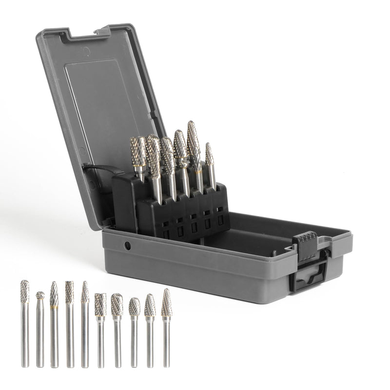 [Australia - AusPower] - 10PCS 1/4'' Shank Carbide Burrs Set Double Cut Solid Power Tools TC Rotary Files Bits for Die Grinder Metal Wood Concrete Plastic Grinding Carving Engraving Drilling Polishing Cutting 