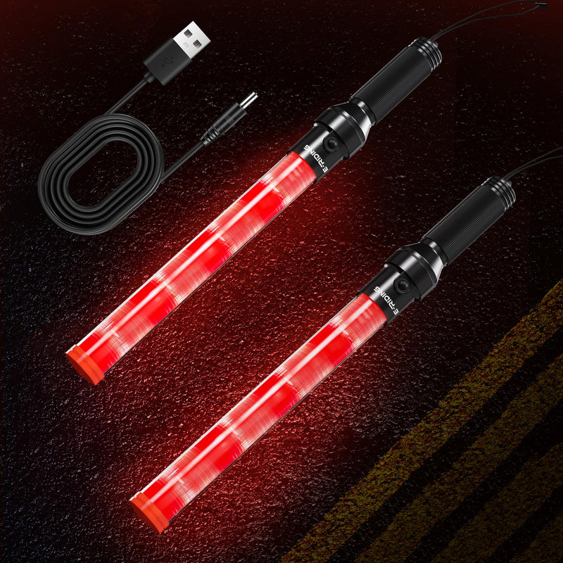 [Australia - AusPower] - 2 Pack 16 Inch Rechargeable Traffic Wand, Red Traffic Control Baton with 2 Flashing Modes, LED Safety Light Wand, Air Marshaling Wand for Airport, Parking, Car Directing 2 Pack 