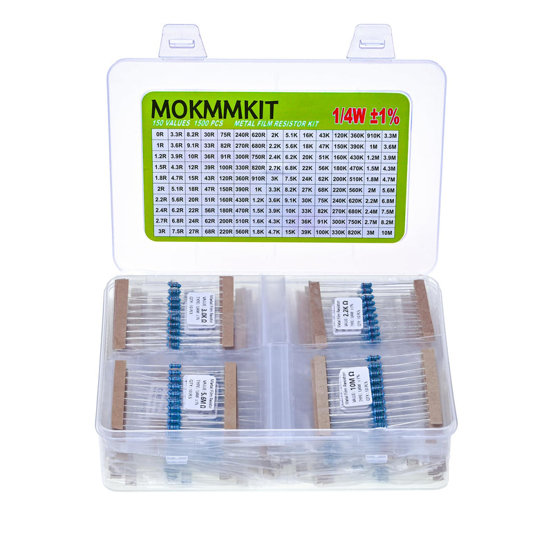 [Australia - AusPower] - 150 Values 1500 Pieces Metal Film Resistor Kit, 0 Ohm-10M Ohm, 1/4W 1% RoHS Compliant Resistors Assortment Kit, 0.25 Watt Plug-in Resistor Element Packaging 