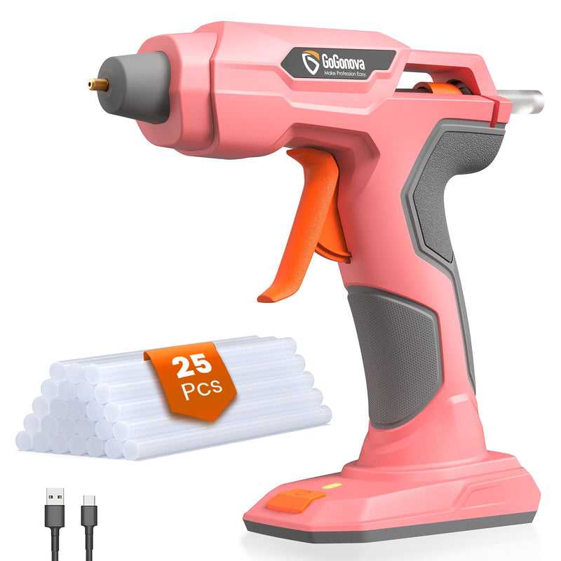 [Australia - AusPower] - GoGonova Cordless Hot Glue Gun, 20s Fast Preheat Glue Gun with 25 Pcs Glue Sticks Set, 2Ah USB-C Rechargeable, Smart Power-Off (Pink-25) Pink 