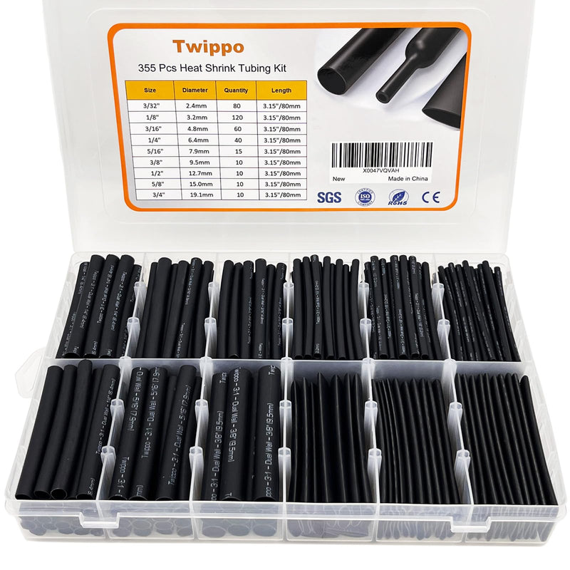 [Australia - AusPower] - Heat Shrink Tubing Kit 355pcs - 3:1 Dual Wall Adhesive Lined - Electrical Waterproof Industrial Heat-Shrink Tubing Terminals- Marine Grade Wire Connector Shrink Wrap Tube - 3.15" Length - Black 