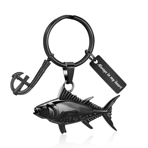 Hearbeingt Fish Hook Urn Keychain for Ashes Fishing Cremation Jewelry Black