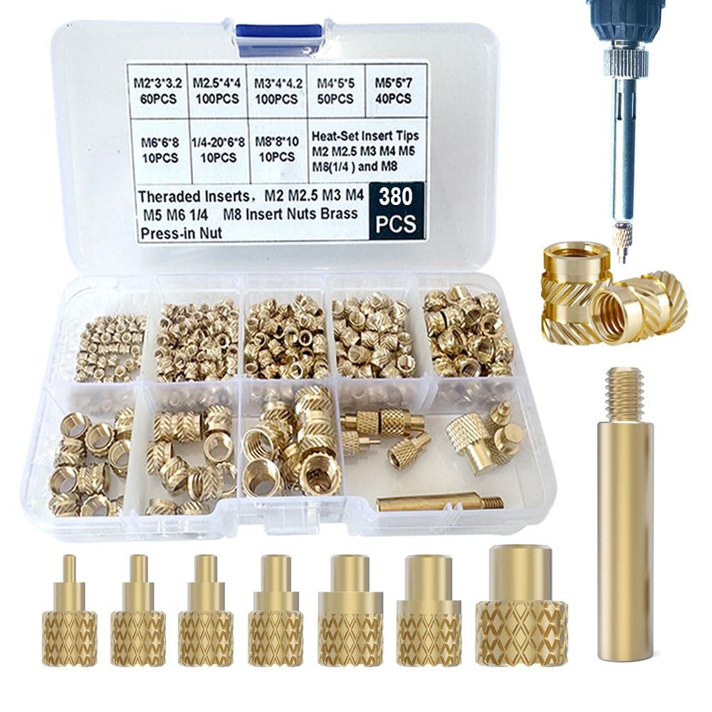 Heat Set Thread Inserts 380pcs Boxed with M2 M2.5 M3 M4 M5 M6(1/4) M8 Insert Tips for 3D Printing Components and Plastic Parts-Brass Metric Knurled Nuts 380Pcs-Assortment Kit