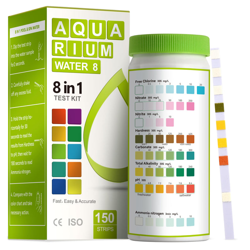 AAwipes 8-in-1 Aquarium Test Kit (150 Strips) for Freshwater & Saltwater - Quick & Accurate Water Testing for Aquariums & Ponds. Tests Free Chlorine, Hardness, pH, Ammonia Nitrogen, etc. (K02-150) 150 Strips
