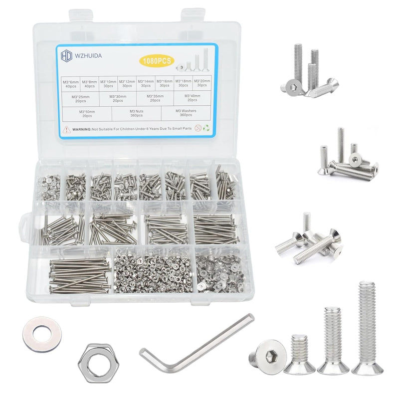 [Australia - AusPower] - 1080 Pcs M3 Screw Assortment, M3*6mm, 8mm, 10mm, 12mm, 14mm, 16mm, 18mm, 20mm, 25mm, 30mm, 35mm, 40mm, 50mm, Stainless Metric Hex Flat Head Countersunk Screws Nuts and Washers with Wrench 