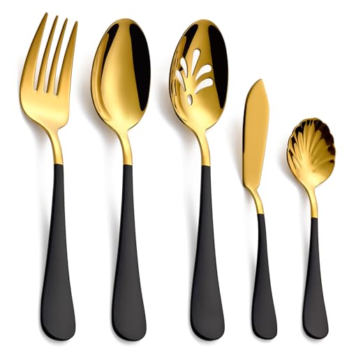 10-Piece Black & Gold Flatware Serving Set, 18/0 Stainless Steel Colorful Handle, Includes Serving Fork, Solid & Pierced Serving Spoon,Sugar Spoon,Butter Knife,Mirror Polished,Dishwasher Safe
