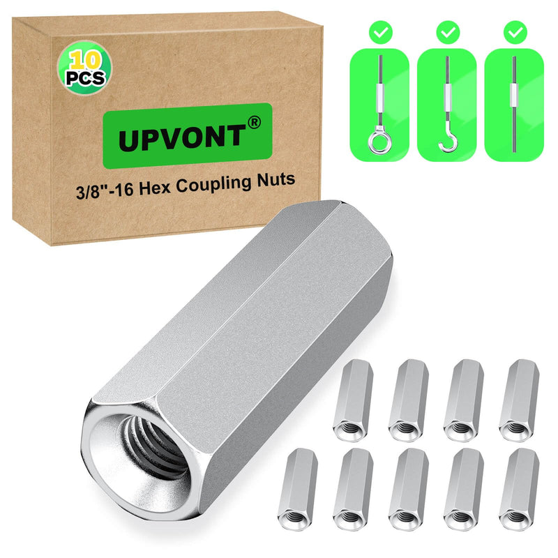[Australia - AusPower] - Hex Coupling Nuts, Rod Coupling Nuts 3/8"-16 UNC, 1-3/4" Length (10 PCS), Ideal for Threaded Rods & Studs, 1.75-Inch Length with Zinc Plating (10 PCS) 10 