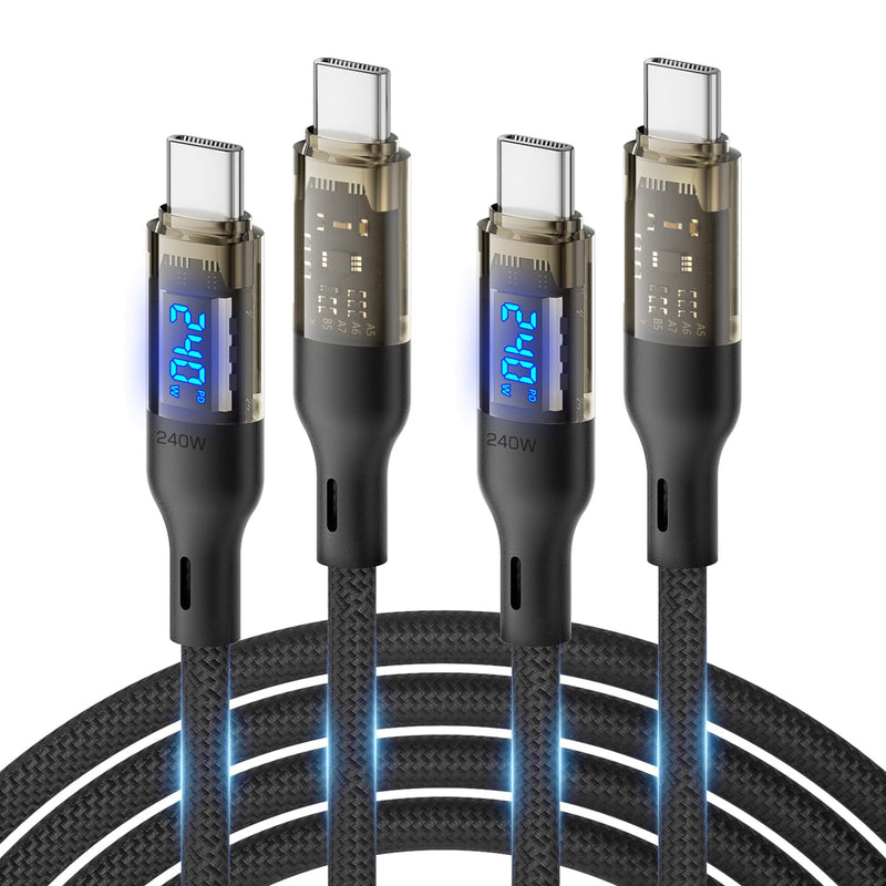 SOOPII 240W USB C to USB C Cable[10ft 2-Pack],Fast Charging USB C Cable with LED Display for MacBook Pro,lPhone16/15/15Pro/15ProMax,Galaxy S23+/S23Ultra/S22,etc,Transparent Shell,(Black) 10FT 2Pack Black