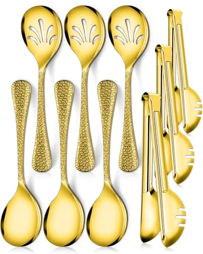 Teivio Hammered Stainless Steel Metal Serving Utensils Set of 9, 10" Serving Spoons, 10" Slotted Spoons, 9" Serving Tongs, Large Hostess Serving Set for Parties Chafing Dish Buffet Catering (Gold) Gold-9pcs-Hammered