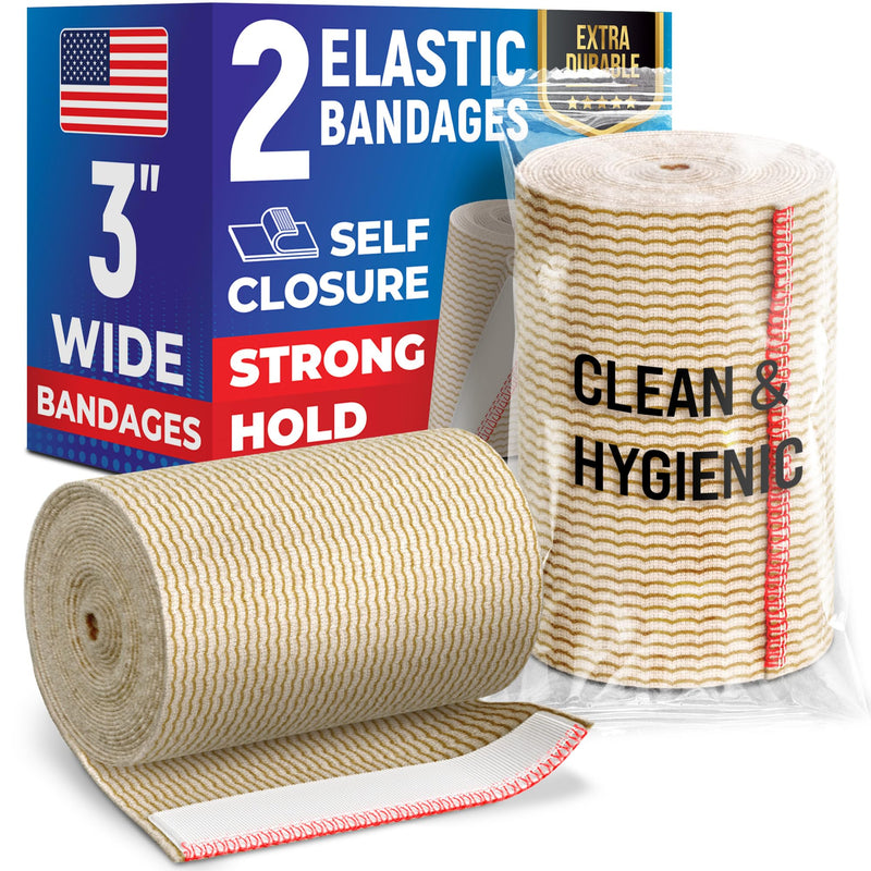 [Australia - AusPower] - Premium Elastic Bandage Wrap - 3” (2pk) - Strong Compression - Self-Closing Reusable Bandages for Legs and Arms - Wrist, Elbow, Foot, Knee Wrap 2 Pack Elastic 3in 