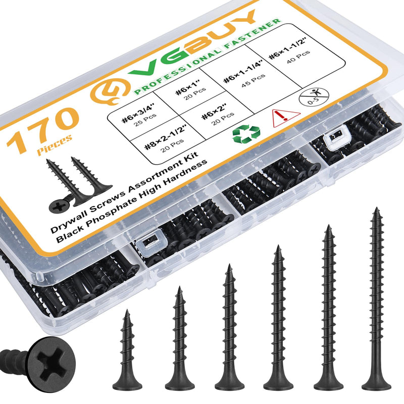 [Australia - AusPower] - 170pcs Drywall Screws Assortment Kit, Black Wood Screws, Sheetrock Screws Set, Coarse Thread, Phillips Head Drive, 6 Sizes Wood Screws Assortment Kit (2-1/2",2",1-1/2",1-1/4",1",3/4") Assortment Kit(170pcs) 