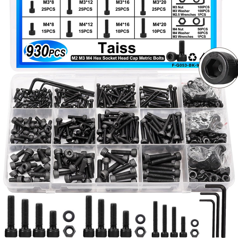 [Australia - AusPower] - Taiss 930PCS Metric Screws M2 M3 M4 x 8/12/16/20mm and Nut/Washer/Wrenches +620PCS M3 Metric Screws Assortment M3 x 6/8/10/12/16/20mm+380PCS M4 Metric Screws Assortment M4 x 6/8/12/16/20/30mm 
