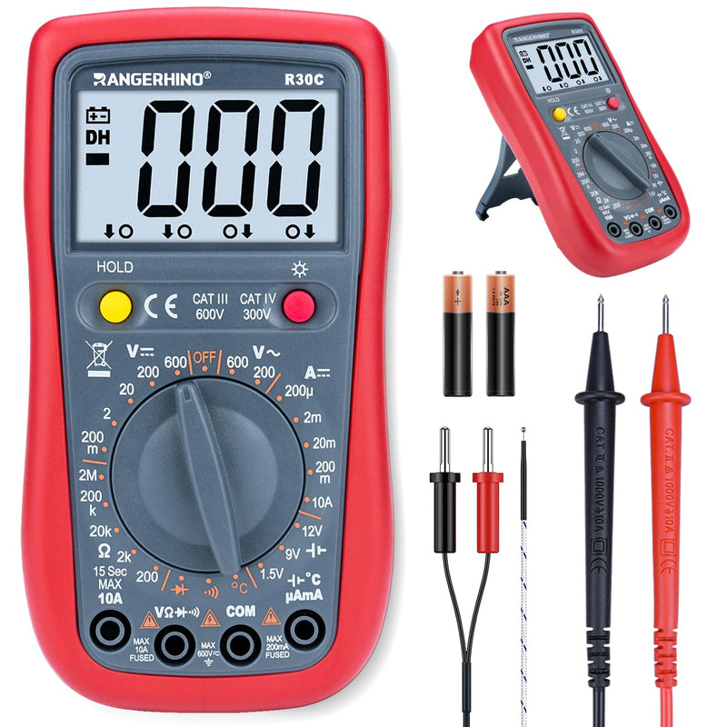 [Australia - AusPower] - Digital Multimeter, DC AC Voltmeter, Temperature, Ohm Volt Amp Test Meter and Continuity Test Diode Voltage Tester for Household Outlet, Automotive Battery Test(Anti-Burn with Double Fuses) 2000 Counts multimeter R30C 