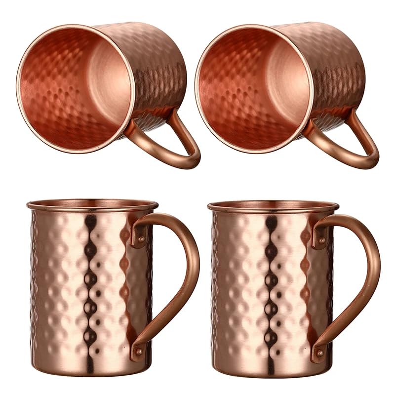 Moscow Mule Pure Copper Mugs - Set of 4 - Handmade of 100% Pure Copper -Hammered Finish-Riveted Handle