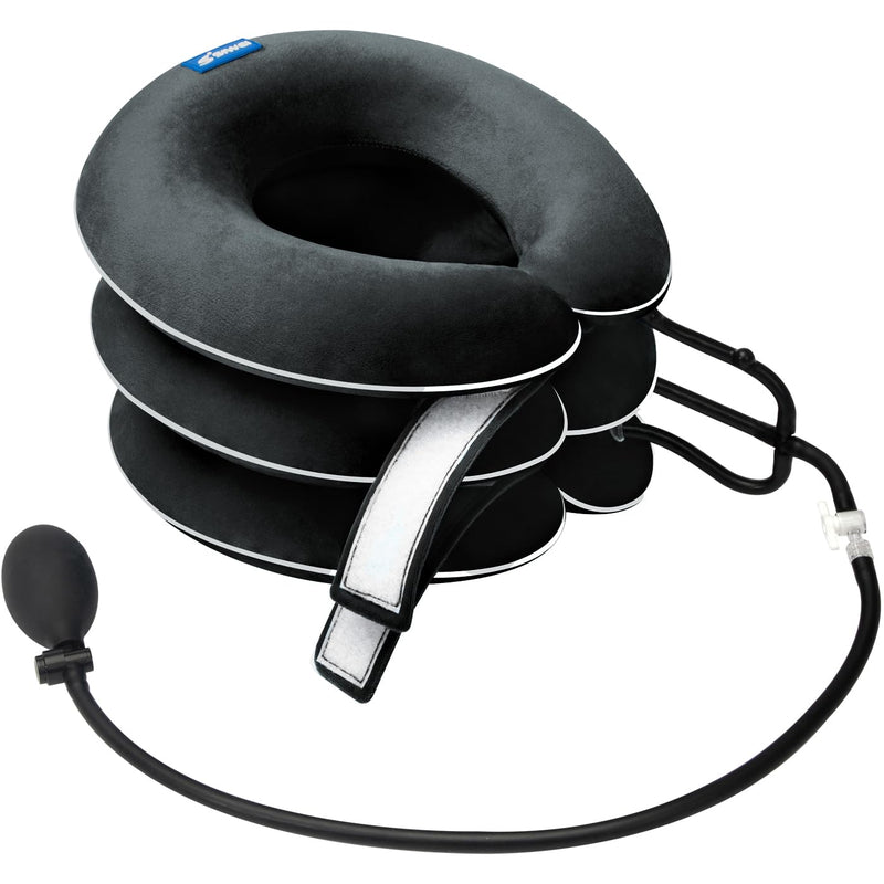 [Australia - AusPower] - Cervical Neck Traction Device for Neck Pain Relief - Inflatable Neck Stretcher Traction Collar for Neck Decompression - Best Home Use Neck Brace, Neck Traction Pillow, Neck Pump (Black Plush) 