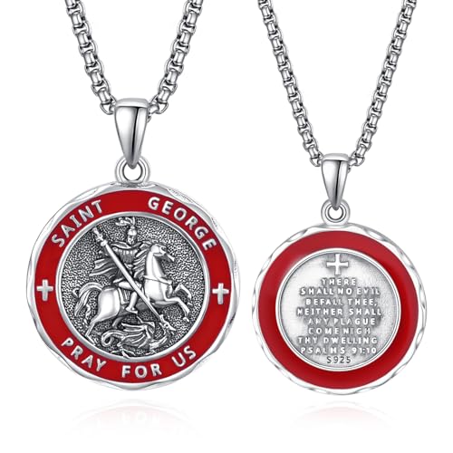 ADMETUS Sterling Silver St George Necklace for Men Red Enamel Saint George and Dragon Medal Amult Pendant Protection Jewelry Religious Gifts