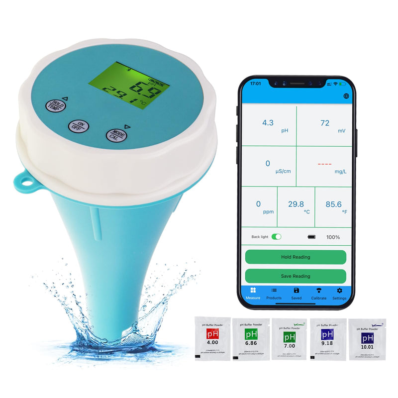 [Australia - AusPower] - 6-in-1 Bluetooth Swimming Pool Water Tester EC/Salinity/pH/ORP/Temperature/Chlorine Meter Wireless Floating Smart Pool Monitor Water Tester for Pools & Swim Spas 