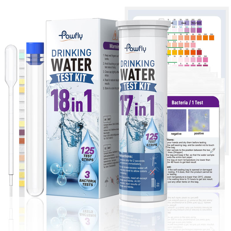 Pawfly 18 in 1 Drinking Water Test Kit, 125 Strips for Tap Water Well Swimming Pool Aquarium Spa, Home Water Quality Test Strips for pH Hardness Chlorine Lead Iron Copper Nitrate Fluoride & More 18 in 1 Water Test Kit