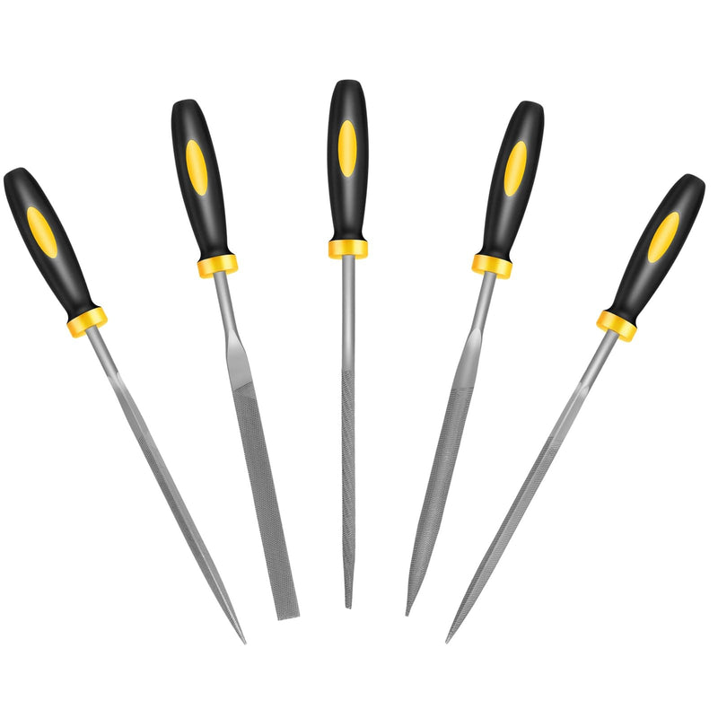 [Australia - AusPower] - Mini Metal Needle File Set, 5pcs, Small Hand Files Set for Detail and Precise Work, Hardened Alloy Strength Steel File Tools Includes Round, Bi Half-Round, Flat, Square, Triangular File 