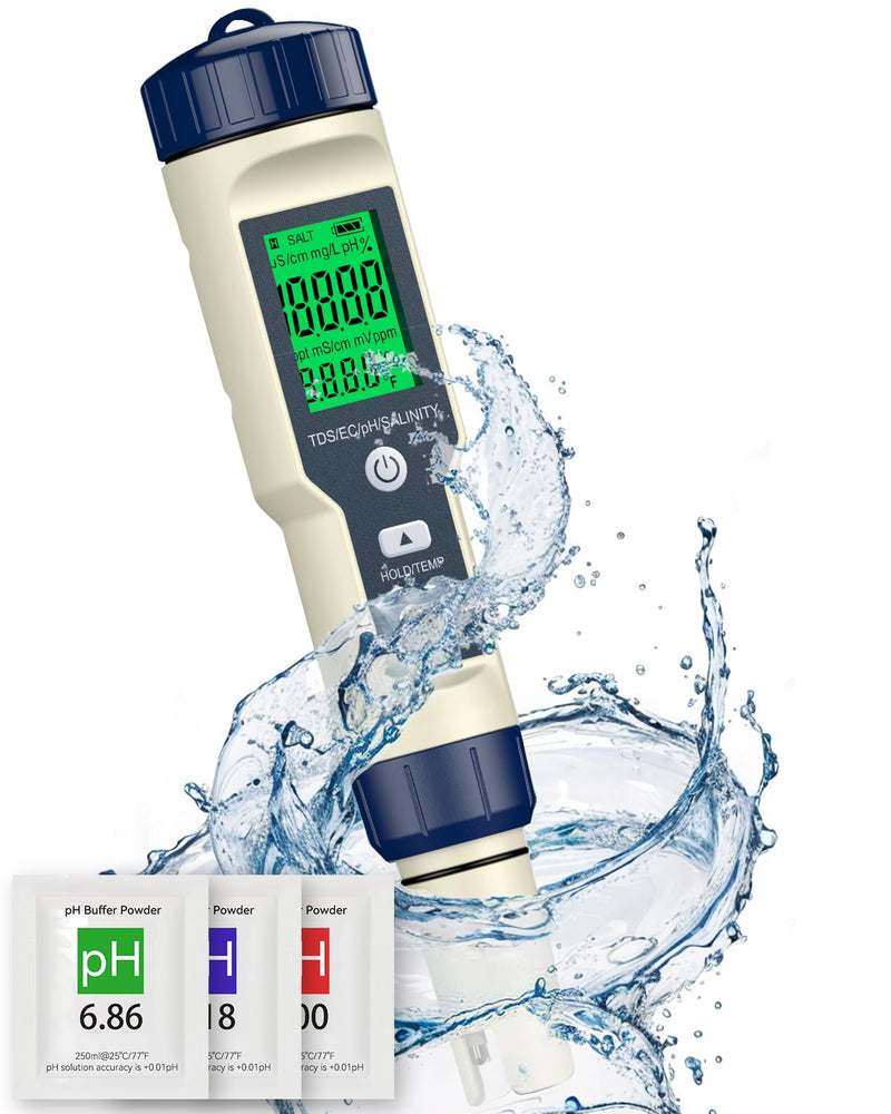 [Australia - AusPower] - Pawfly Pool Salt Tester & pH Meter, 5 in 1 pH Salinity TDS EC & Temperature Meter, Digital Salinity Tester TDS Meter for Swimming Pool Drinking Water Aquarium Hot Tub Saltwater & Spa 5-in-1 Digital Water Tester 