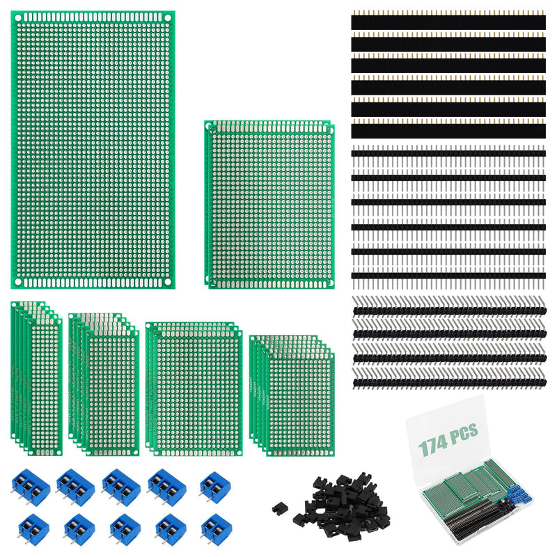 [Australia - AusPower] - 174-Piece PCB Circuit Board Prototype Kit - Double-Sided Perf Boards in 6 Sizes (Large, Medium, Small), Compatible with Arduino, includes 40-Pin 2.54mm Male and Female Headers 