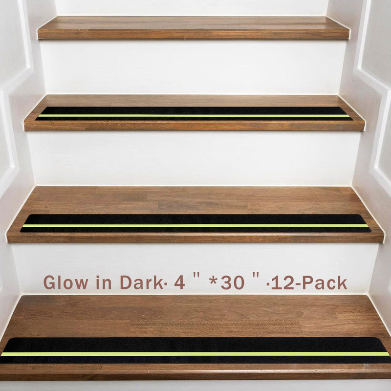 Dynta Anti Slip Traction Treads with Glow in Dark Stripe, 4" X 30", Stair Treads Non Slip Tape, 12 Pack, Waterproof, Skateboard Grip Tape, High Traction Friction, Abrasive Adhesive for Stairs 4" X 30"inch