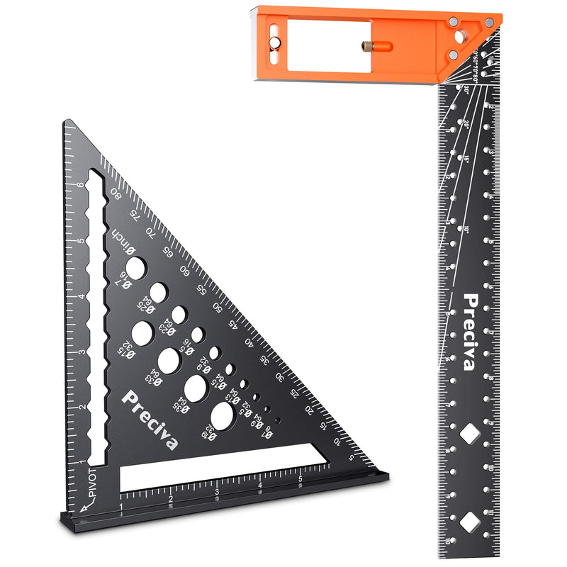 Preciva Carpenter Square Set, 7" Rafter & 12" Right Angle Ruler | Durable aluminum alloy, easy-read scale, use for marking angles, drawing lines, layout work, for carpenters, framers, DIYers