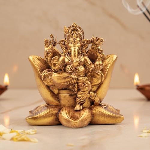 Artarium Padma Ganesh Idol 4.3 Inch, Golden Lord Ganesha Statue on Lotus, Ganpati Murti for Home Temple, Car Dashboard, Office Desk, Meditation Altar & Spiritual Gift #2 Padama Ganesha Idol