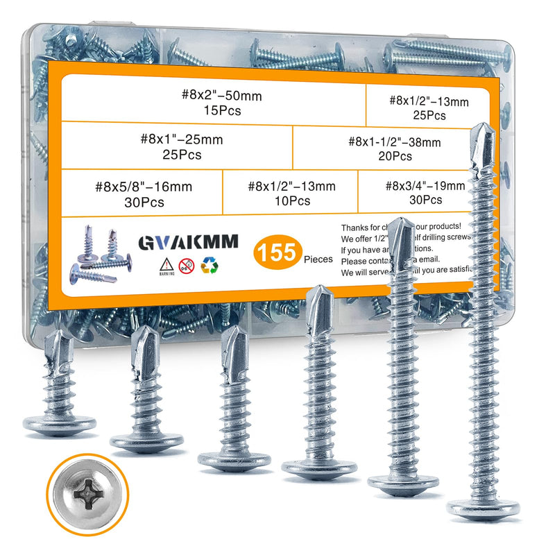 [Australia - AusPower] - Sheet Metal Screws Assortment Kit,#8 Self-Tapping Screws Set for Metal,155pcs,6 Sizes(2'',1-1/2'',1'',3/4''?5/8'',1/2'')Modified Truss Head Zinc-Plated Self-Drilling Tek,for Wood,Metal,Plastic Box Packing 