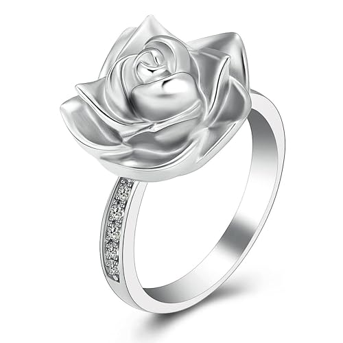 Urn Ring for Ashes Rose Flower Cremation Jewelry Crystal Ashes Ring for Women Stainless Steel Rose Flower Keepsake Memorial for Ring Gifts 8#