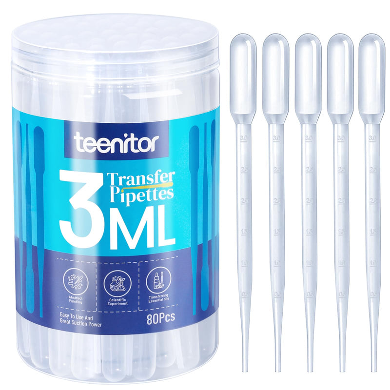 [Australia - AusPower] - Teenitor 80PCS 3ML Pipette Dropper, Eye Dropper, Disposable Plastic Eye Droppers for Crafts, Droppers for Oils Transfer Pipettes for Essential Oil Makeup Science 