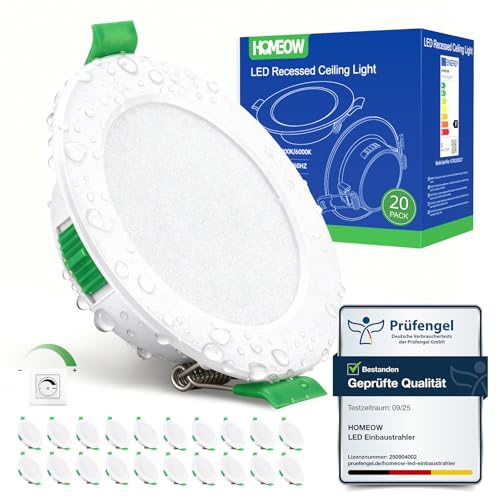 HOMEOW Set of 20 LED Recessed Spotlights 230V Dimmable Spotlights 68mm - 80mm Hole Size | IP44 Ceiling Spotlights 5W 400LM Warm White 2700K Neutral White 4000K Cool White 6000K 24mm Flat Recessed Lights for Bathroom White 20-Piece Set