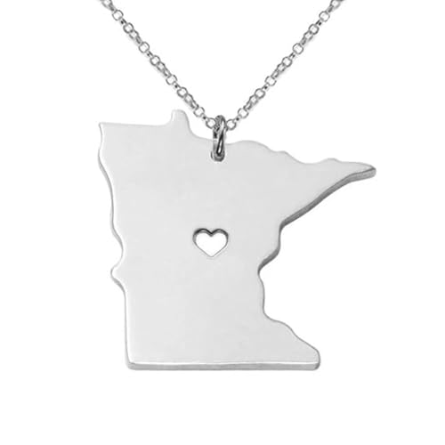 Art Attack Stainless Steel I Love Minnesota Necklace, North Star Gopher Land of 10,000 Lakes State Heart Map Pendant (Silver)