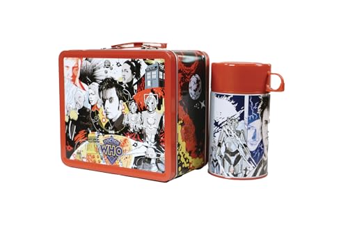 Surreal Entertainment Dr. Who Tenth Doctor Tin Titans lunchbox with beverage container featuring Doctor Who themed design.