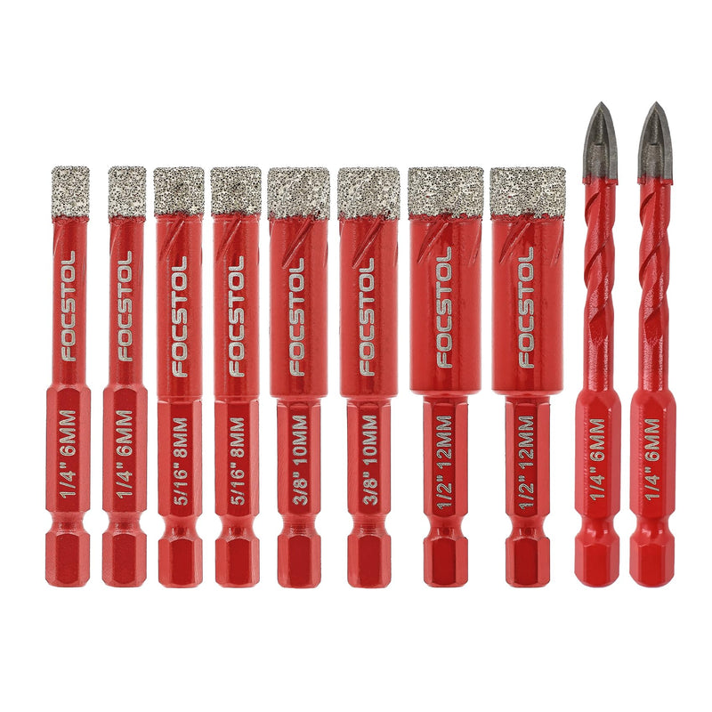 FOCSTOL Dry Diamond Drill Bit Set - 10pcs Diamond Hole Saw Kit and Carbide Drill with Quick Change Hex Shank for Porcelain Tile Ceramic Marble Granite Quartz (6mm*2+8mm*2+10mm*2+12mm*2+6mm*2) (6mm/8mm/10mm/12mm + 6mm) × 2