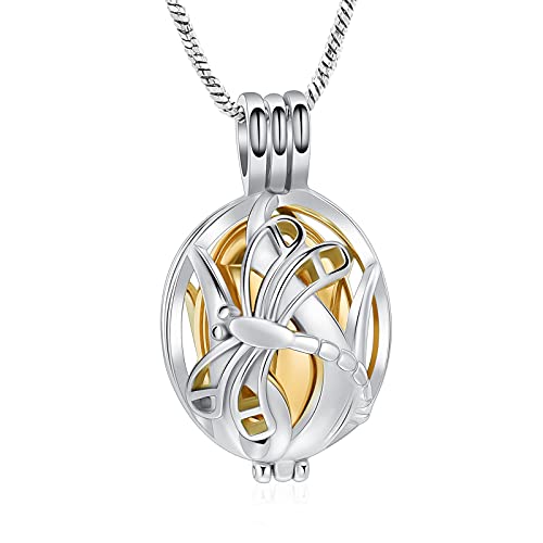 Dragonfly Cremation Jewelry Urn Necklaces for Ashes for Human/Pet Ashes Hollow Mini Urns Stainless Steel Memorial Locket Pendant Jar Keepsake Ashes Pendant Jewelry S-Gold
