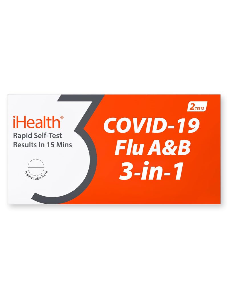 [Australia - AusPower] - iHealth COVID-19, Flu A&B 3-in-1 Antigen Rapid Test, Results in 15 Minutes, FDA Authorized OTC Flu & COVID Home Test, with Non-invasive Nasal Swab, Easy to Use & No Discomfort (1 Pack, 2 Tests Total) 