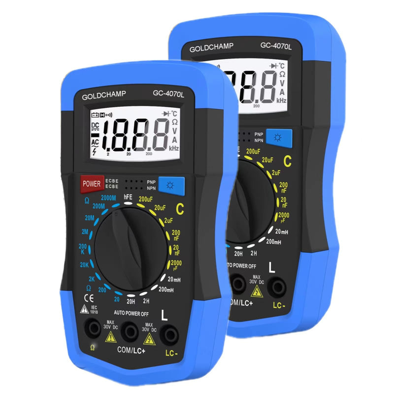 Capacitor Tester 2000pF~200uF, 200~2000M0 0hm Multimeter Capacitance Meter, LCR Meter, hFE Test Multimeter, Manual Range, Backlight, Auto Power Off, Testing Meter Tool GC-4070L 2 Packs